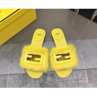 Luxury Discount Fendi Signature Mink Fur Flat Slide Sandals Yellow 080974