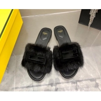 Stylish Fendi Signature Mink Fur Flat Slide Sandals Black 080976