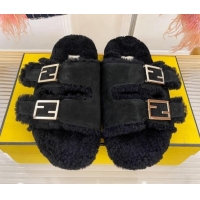 Shop Duplicate Fendi Feel Shearling Flat Slide Sandals Black Suede 2090868