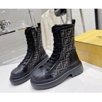 Top Quality Fendi Domino Ankle Biker Boots in Leather and FF Fabric Black 102958