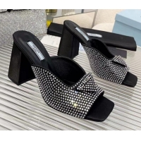 Good Looking Prada Silk Crystal High Heel Slide Sandals 8.5cm Black 082673