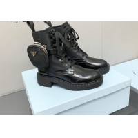 Sumptuous Prada Brushed Leather and Nylon Lace-up Ankle Boots with Pouch Black 082682