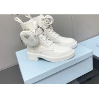 Grade Quality Prada Brushed Leather and Nylon Lace-up Ankle Boots with Pouch White 082683