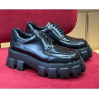 Top Grade Prada Monolith Brushed Leather Lace-up Shoes Black 0909123