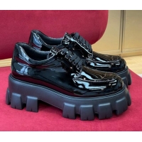 Popular Style Prada Monolith Patent Leather Lace-up Shoes Black 0909125