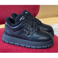 Top Quality Prada Leather and Shearling Sneakers Black 101465