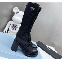 Most Popular Prada Nylon and Calf Leather Heel Lace-up High Boots Black 110296