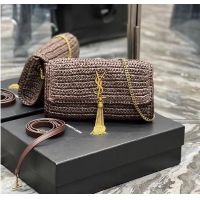 New Fashion SAINT LAUREN KATE 99 CHAIN BAG WITH TASSEL IN RAFFIA Y664276 Coffee