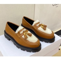 1:1 aaaaa Celine Leather and Shearling Loafers with Tassel Brown 100963 