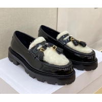 Stylish Celine Leather and Shearling Loafers with Tassel Black 100964