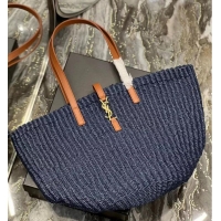 Good Taste SAINT LAURENT PANIER MEDIUM BAG IN CROCHET RAFFIA AND SMOOTH LEATHER 688221 dark blue