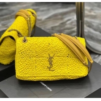 Shop SAINT LAURENT JAMIE MEDIUM CHAIN BAG CARRE RIVE GAUCHE IN CROCHET RAFFIA AND SMOOTH LEATHER 515821 YELLOW