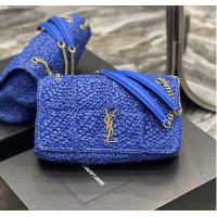 Inexpensive SAINT LAURENT JAMIE MEDIUM CHAIN BAG CARRE RIVE GAUCHE IN CROCHET RAFFIA AND SMOOTH LEATHER 515821 BLUE