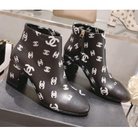 Good Quality Chanel CC Print Leather Ankle Boots 6.5cm Black 082437