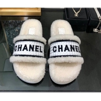 Super Quality Chanel Shearling Flat Slide Sandals White 082463