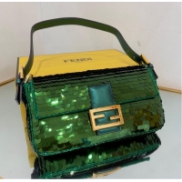 Top Quality Fendi FF Baguette Gold Metal Sequin Embroidery Bag 2017 Green