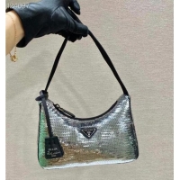 Top Quality Prada Re-Edition 2000 sequined Re-Nylon mini-bag 1BC515 silver