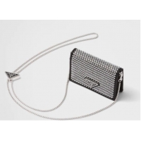 Top Quality Prada Crystal-studded card holder with shoulder strap 1MR024 black&white