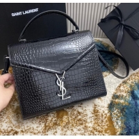 Grade Design SAINT LAURENT CASSANDRA MEDIUM TOP HANDLE BAG IN CROCODILE-EMBOSSED SHINY LEATHER 623931 BLACK