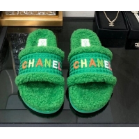 Stylish Chanel Shearling Flat Slide Sandals Green 082464