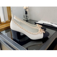 Best Price Chanel Lambskin Pumps 6.5cm with Chain Bow White 082476