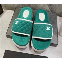 Good Quality Chanel Towel Flat Slide Sandals Green/White 082509