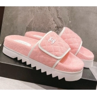 Grade Quality Chanel Towel Flat Slide Sandals Light Pink/White 082510