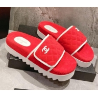 Best Grade Chanel Towel Flat Slide Sandals Red/White 082512