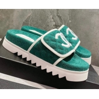 Top Grade Chanel CC Towel Flat Slide Sandals Green 082514