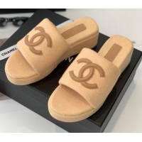 Low Price Chanel Towel Cloth Platform Slide Sandals 5cm Camel 082525