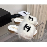 Good Quality Chanel Shearling Wool Slide Sandals G39357 White