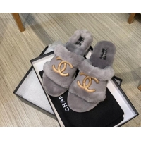 Perfect Chanel Wool Suede Flat Slide Sandals with Metal CC Gray 082731