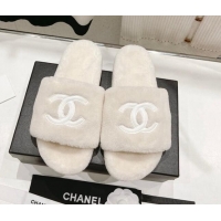 Best Grade Chanel Shearling Flat Slide Sandals White 090721