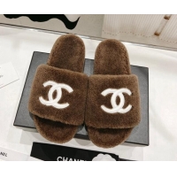 Low Price Chanel Shearling Flat Slide Sandals Brown 090722