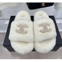 Purchase Chanel Shearling Flat Slide Sandals White 090724