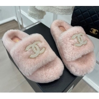 Good Taste Chanel Shearling Flat Slide Sandals Pink 090726