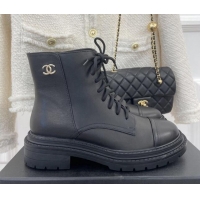 New Style Chanel Lambskin Lace-up Ankle Boots Black 090733