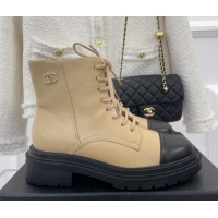 Best Price Chanel Lambskin Lace-up Ankle Boots Beige 090734