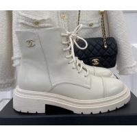 Low Price Chanel Lambskin Lace-up Ankle Boots White 090735