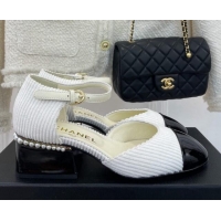 Duplicate Chanel Corduroy Mary Janes Pumps 5cm with Pearl Charm White 090739