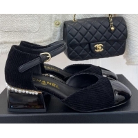 Super Quality Chanel Corduroy Mary Janes Pumps 5cm with Pearl Charm Black 090740