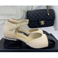 Best Price Chanel Corduroy Mary Janes Pumps 5cm with Pearl Charm Beige 090741