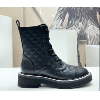 Grade Quality Chanel Quilted Leather Lace-up Ankle Boots Black 090827