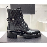 Youthful Chanel Patent Leather Lace-up Ankle Boots with Logo Band Black 090833