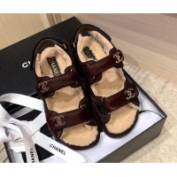 Unique Style Chanel Fur and Shearling Flat Strap Sandals G35927 Burgundy