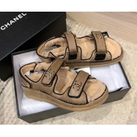 Stylish Chanel Fur and Shearling Flat Strap Sandals G35927 Light Brown