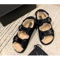 Sumptuous Chanel Fur and Shearling Flat Strap Sandals G35927 Black