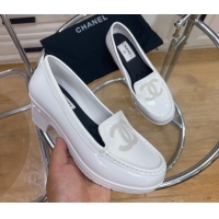 Duplicate Chanel CC Patent Leather Loafers White 092124