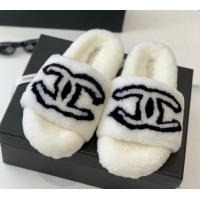 Low Price Chanel Shearling Flat Slide Sandals White 092127