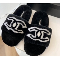 Stylish Chanel Shearling Flat Slide Sandals Black 092128